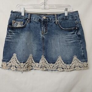 Vanilla Jeans Size 11 Denim Micro Mini Skirt Lace Rhinestone Y2k 90s 2000s